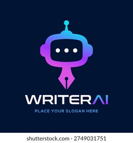 Modern AI writing assistant logo combining a robot head icon with a pen nib symbol for digital content.