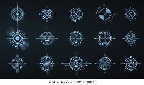 Modern Aiming System. Futuristic Optical Aim Focus, Circular Weapon Target UI. Military Collimator Sight, Gun Targets Focus Range Indication. Gaming And Hi-tech. Sci-fi Futuristic Spaceship Crosshair