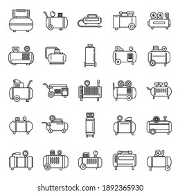 Modern air compressor icons set. Outline set of modern air compressor vector icons for web design isolated on white background