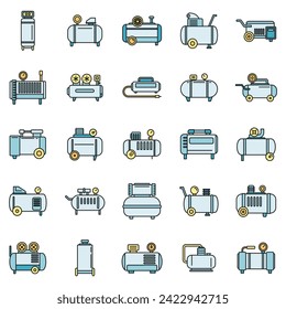 Modern air compressor icons set. Outline set of modern air compressor vector icons thin line color flat on white
