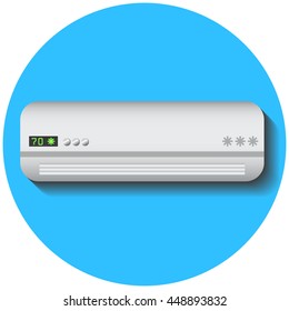 Modern Air Conditioner, Flat Vector Illustration On Blue. Climate Control Technology. Conditioning Split System. In-house Cooling Device With Temperature Scale. Summer Heat Comfort. Aircon Icon, Logo