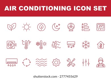 Modern air conditioning line icons set designed for HVAC systems, climate control and ventilation technology. Clean outline icons with editable stroke, perfect for heating and cooling services, smart home systems. Air Conditioning line icon set featuring AC unit, remote, fan, temperature, snowflake, filter, maintenance, ventilation, installation, and thermometer. Editable stroke. Vector illustration.