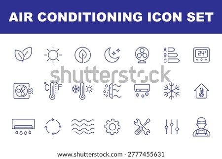Modern air conditioning line icons set designed for HVAC systems, climate control and ventilation technology. Clean outline icons with editable stroke, perfect for heating and cooling services, smart home systems. Air Conditioning line icon set featuring AC unit, remote, fan, temperature, snowflake, filter, maintenance, ventilation, installation, and thermometer. Editable stroke. Vector illustration.