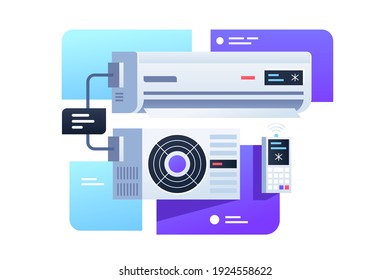 Modern air conditioning with remote control device. Isolated concept digital technology icon on description box background. Vector illustration.