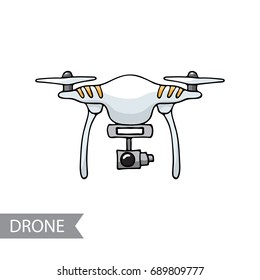 Modern air drone, quadcopter, remote control drone with camera isolated. Flat cartoon vector illustration. Hand drawn doodle. Outline