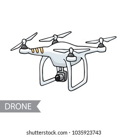 Modern air drone, remote control drone with camera isolated. Flat cartoon vector illustration. Hand drawn doodle. Outline