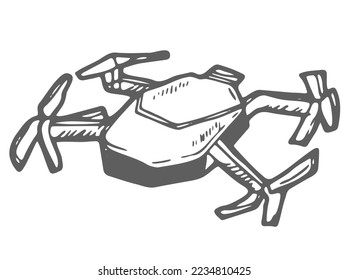 Modern air drone, remote control drone with camera isolated. Flat cartoon vector illustration. Hand drawn doodle. Outline