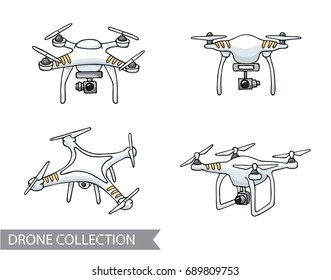 Modern air drone, remote control drone with camera isolated. Flat cartoon vector illustration. Hand drawn doodle. Outline