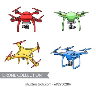 Modern air drone, remote control drone with camera isolated. Flat cartoon vector illustration. Hand drawn doodle. Outline