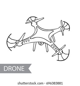 Modern air drone, remote control drone with camera isolated. Flat cartoon vector illustration. Hand drawn doodle. Outline