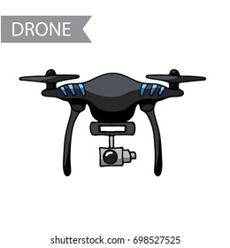 Modern air drone, remote control drone with camera isolated. Flat cartoon vector illustration. Hand drawn doodle. Outline