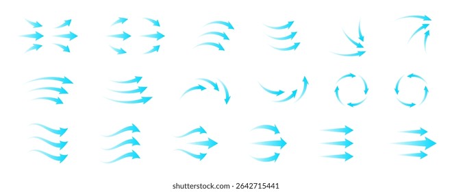 Modern air flow icon set with blue arrows and circular wave motion. Represents ventilation, filtration and purification system. Transparent vector symbols for HVAC home electronics infographic design