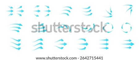 Modern air flow icon set with blue arrows and circular wave motion. Represents ventilation, filtration and purification system. Transparent vector symbols for HVAC home electronics infographic design