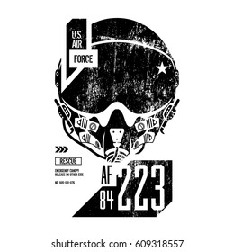 Modern air force old grunge effect vector design. Premium quality superior pilot helmet logo concept.