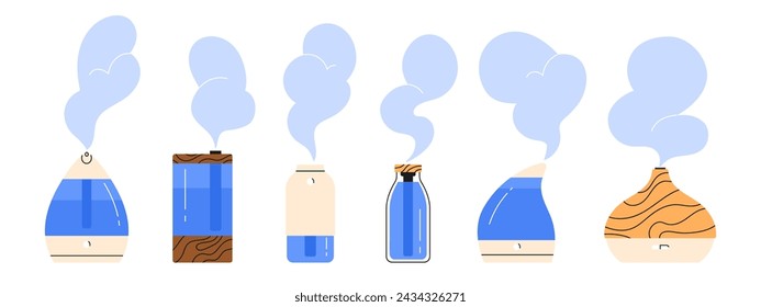 Modern air humidifier, essential oil diffuser collection. Set of cool mist humidifier. Various devices for healthy humidifying the air in the house. Isolated vector illustration in cartoon style