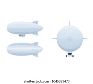 Modern air vehicles. Air balloon aerostat in different angles: side view, front, top. Transport for flight in the air. Vector illustration isolated.