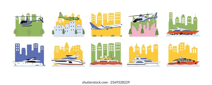 Modern air and water transportation, concept of vehicles used by city people for entertainment and vacation, vector illustration.