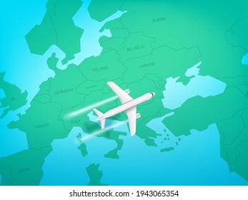 Modern aircraft flying above europe. Top view vector illustration