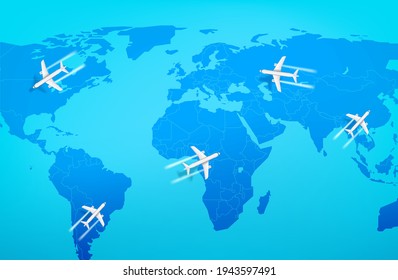 Modern aircraft flying above the world map. Top view vector illustration