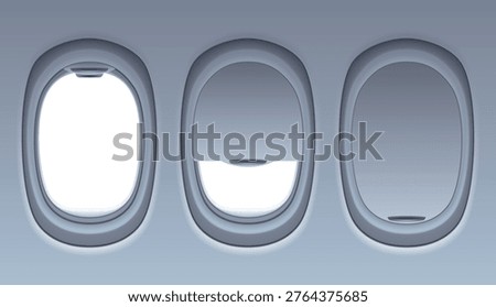 Modern aircraft interior featuring oval window frames. Quiet airplane interior showcasing rounded window openings with subtle lighting and sleek modern furnishings