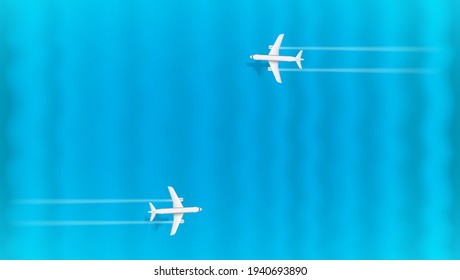 Modern aircrafts flying above the blue waves of ocean. Horizontal banner for design with copyspace