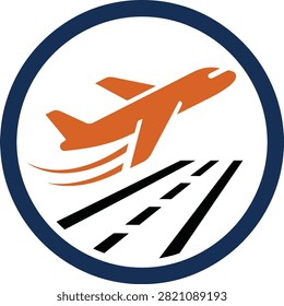 Modern airline logo design featuring orange airplane taking off from runway in circle