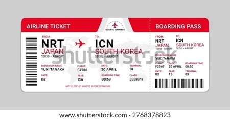Modern airline ticket or Boarding pass template. Red color airplane ticket design. Air travel concept