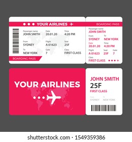 Modern airline ticket design with flight time and passenger name. vector illustration