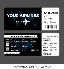 Modern airline ticket design with flight time and passenger name. vector illustration