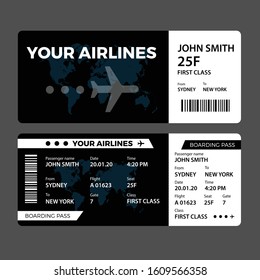 Modern airline ticket design with flight time and passenger name. vector illustration