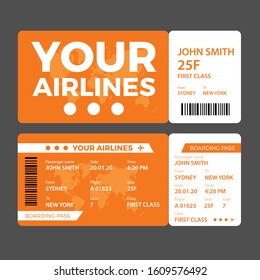 Modern airline ticket design with flight time and passenger name. vector illustration