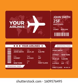 Modern airline ticket design with flight time and passenger name. vector illustration