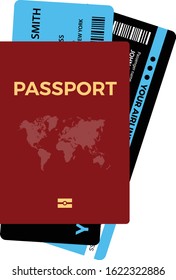 Modern airline ticket design with flight time and passenger name. Tickets in passport. vector illustration