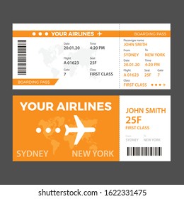 Modern airline ticket design with flight time and passenger name. vector illustration