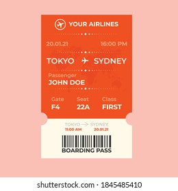 Modern airline ticket design with flight time and passenger name. Boarding pass vector illustration