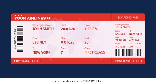 Modern airline ticket design with flight time and passenger name. vector illustration.