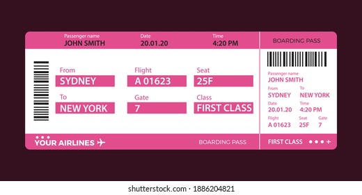 Modern airline ticket design with flight time and passenger name. vector illustration.