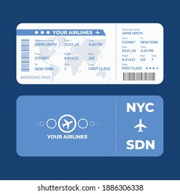 Modern airline ticket design with flight time and passenger name. vector illustration.