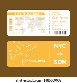 Modern airline ticket design with flight time and passenger name. vector illustration.