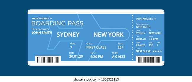 Modern airline ticket design with flight time and passenger name. vector illustration.