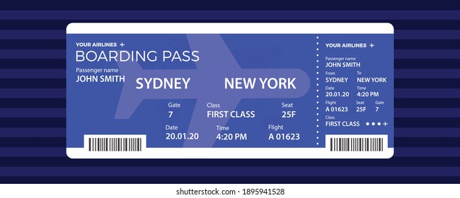 Modern airline ticket design with flight time and passenger name. vector illustration.