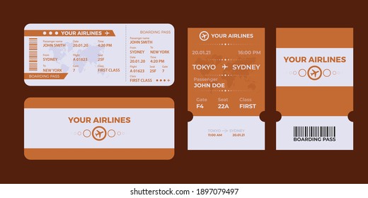 Modern airline ticket design with flight time and passenger name. vector illustration