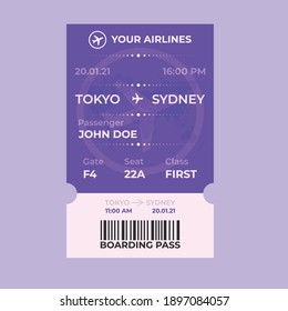 Modern airline ticket design with flight time and passenger name. vector illustration