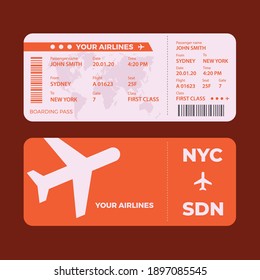 Modernes Flugticketdesign mit Flugzeit und Passagiernamen. Vektorgrafik