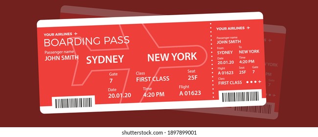 Modern airline ticket design with flight time and passenger name. vector illustration.