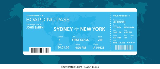 Modern airline ticket design with flight time and passenger name. vector illustration.