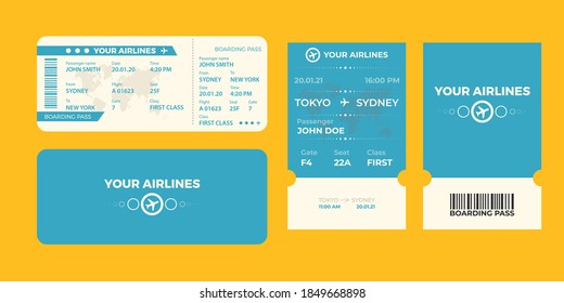 Modern airline tickets design with flight time and passenger name. vector illustration