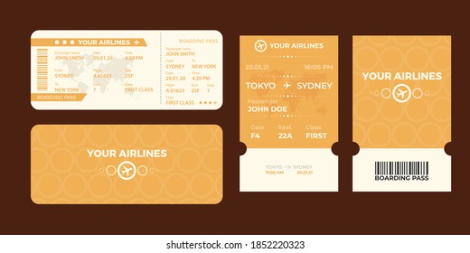 Modern airline tickets design with flight time and passenger name. vector illustration