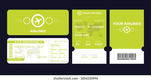 Modern airline tickets design with flight time and passenger name. vector illustration