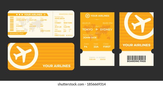 Modern airline tickets design with flight time and passenger name. vector illustration